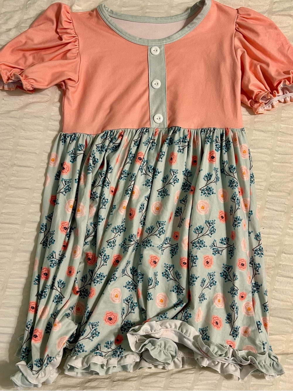 Peach & Sage Floral Puff-Sleeve Casual Kids Dress
